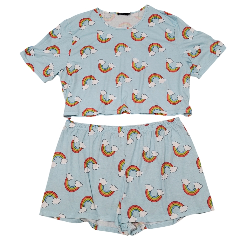 Boohoo Rainbow Crop Top And Shorts Pajama Set Size 20 Flawed Girly Comfy Lounge